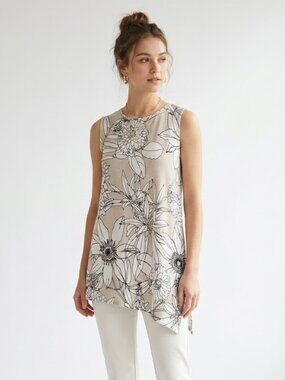 Clara Sun Woo Floral Tank Neutral Sleeveless Top Made in USA S